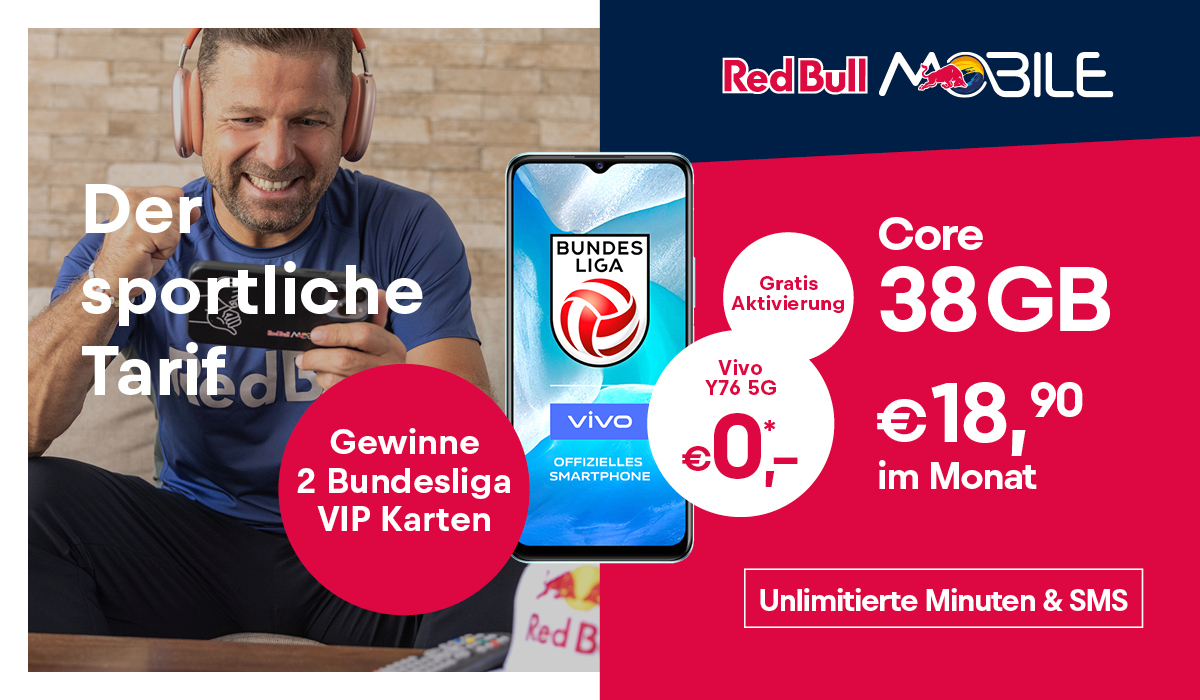 Bei Red Bull MOBILE gibt es in der Cyberweek von 25.11. - 04.12.2022 das Vivo Y76 bei Erstanmeldung im Tarif Core und Supreme um 0,- Euro. 