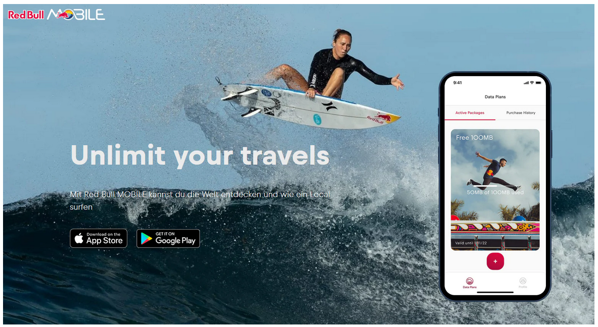 Red Bull MOBILE Data bietet einen App-basierten Datentarif für Weltenbummler rund um den Globus.   Die Kombination aus der Red Bull MOBILE Data App und einer eSIM ermöglicht es, mobile Daten zu vernünftigen Preisen überall auf der Welt zu nutzen. Ganz gleich, ob du auf Sightseeing-Tour gehst, feierst, kletterst oder tatsächlich im Internet surfst – du bleibst stets online.  